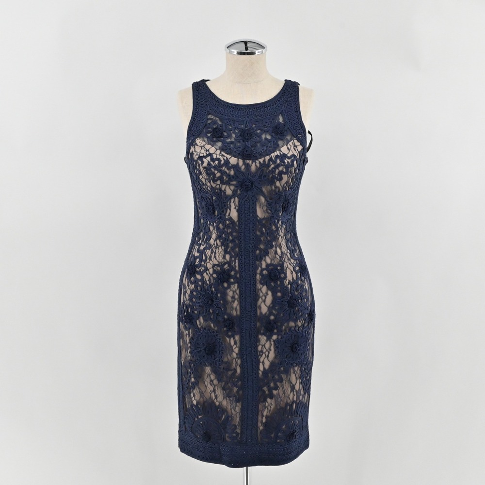 Sue Wong Nocturne Soutache Lace Cocktail Dress Womens Size 2 Navy Blue Floral